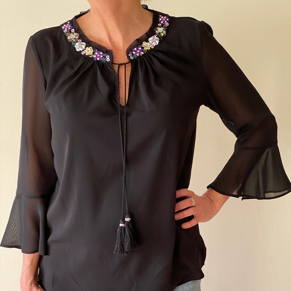 T Tahari sheer beaded blouse